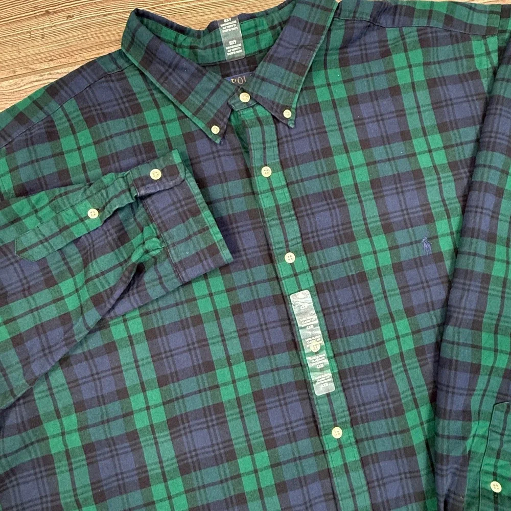 Polo Ralph Lauren Mens Size 4XB Oxford Shirt Green Navy Blue Plaid Brushed